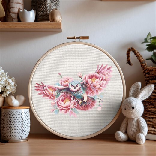 Owl Cross Stitch Pattern Instant PDF Download - Floral Owl Watercolor Cross Stitch Hand Embroidery Bee Flowers and Bird Pattern - Etsy