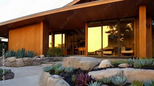 "A modern Craftsman house with floor-to-ceiling windows, smooth wooden siding, and minimalist landscaping featuring succulents and rock gardens."