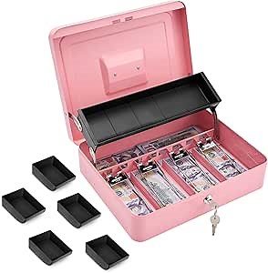 Large Cash Box with Key Lock,Money Box with Cash Tray, Locking Cash Boxes,Lock Safe Box with Key,Money Saving Organizer,Durable Money Box, 4 Bill 5 Coin Slots,Cantilever Design, XL Large Pink