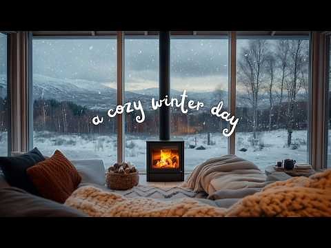 Cozy Winter Ambience ❄️ Window View of Snow Falling & Fireplace