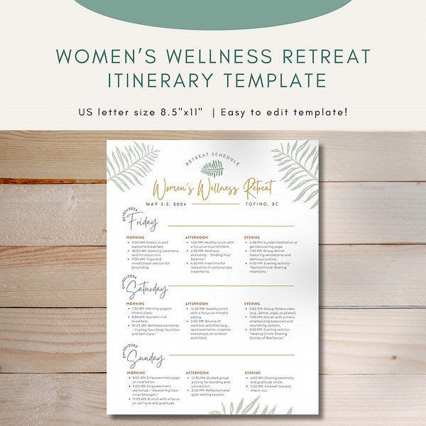 Women's Wellness Retreat Itinerary Template | Three-day Retreat Schedule | Editable Download | Weekend Workshop Schedule | Retreat Planning - Etsy