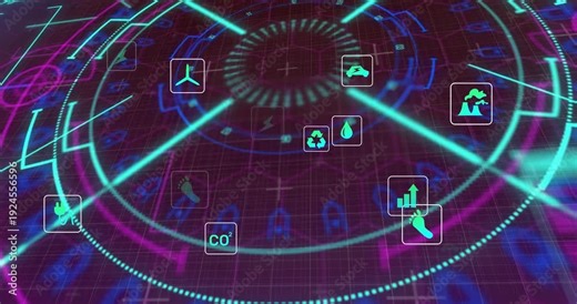 Cyan icon cluster pulsing and drifting outward with hub emitting beams, showing energy data