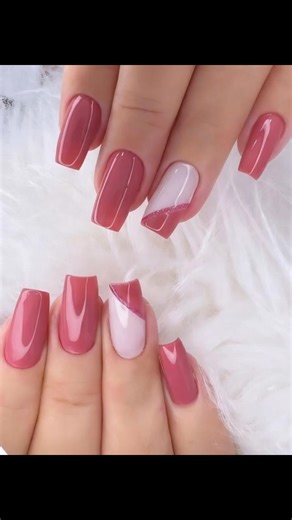 Beautiful glossy mauve pink square nails featuring chic diagonal color block glitter designs. 💅🩷✨ #NailArt #PinkNails #NailInspo | easynail4u
