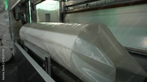 Modern Industrial Polymer Film Production. Roll of polymer film on production line in factory. Concept of manufacturing innovation.