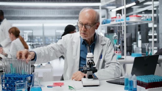 Chemical engineer in lab inspecting chemical compounds in vials for purity verification using laptop software. Elderly man in laboratory preparing reagent test tubes for assay procedures, camera B