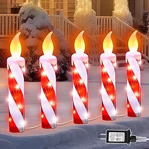 5 Pcs Christmas Lighted Decoration Candle Outdoor, 23 Inch Waterproof Christmas 3D Candle Candy Cane Stakes Lights with Flickering Flame and Timer for Xmas Yard Decor(Red, White)