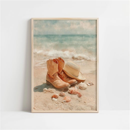 Coastal Cowgirl Boho Beach Cowboy Boots Seashell Vintage Western Wall Art - Etsy