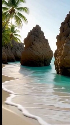 Discover the breathtaking beauty of a white sand beach with stunning rock formations &crashing waves