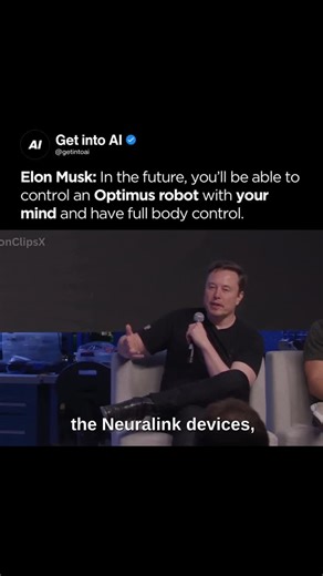 Artificial Intelligence | AI on Instagram: "Elon Musk says that one day, people may be able to control Tesla’s Optimus robots using only their thoughts. As Neuralink’s brain–computer interface develops, Musk explained that users could eventually experience full body control and sensory feedback, essentially “remoting” into an Optimus robot and moving it as if it were their own body. Musk summed it up with a grin: “The future will be weird, but pretty cool.” 🎥: ElonClipsX Follow for more @getint