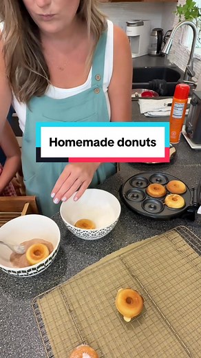 Rosie got this donut maker for her birthday so we had to try it out! #homemadedonuts #makingbreakfast #donuts #baking #momlife