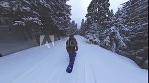 Snowboard Male Rider Extreme Snowboarding Down A Slope Trees Extreme Winter Sports Freedom Nature Snow Leisure 360 Wide Angle Slow Motion 8k Hdr