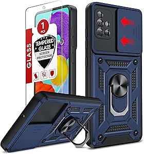 LeYi for Galaxy A51-Phone Case 4G: Samsung A51 Phone Case with Slide Camera Cover + Glass Screen Protector, Heavy Duty Cell Android Cover with Metal Magnetic Ring Kickstand for Samsung A51 4G, Blue