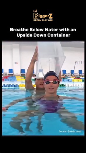 sciencestik on Instagram: "This video shows a simple yet fascinating science experiment underwater. A child tries to breathe using an upside-down transparent container pressed into the pool. Because the container traps air inside, it creates an air pocket that allows the child to breathe temporarily while staying underwater. This experiment demonstrates an important physics principle: trapped air does not mix with water, creating a breathable space for a short time. However, the organizers empha