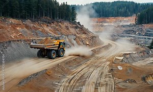 Open-pit mining operation with heavy machinery.
