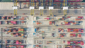 Hyperlapse Aerial view of international port with Crane loading containers in import export business logistics. footage video 4k. industry logistics seaport. Business Import and export. Economic trade
