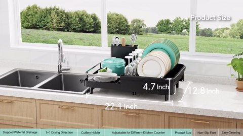 Dish Drying Rack, Extendable Dish Rack for Kitchen Counter, Saving Countertop Space Dish Drainer, Stainless Steel Kitchen Drying Rack with Cutlery Holder, 22.1''L x 12.8''W, Black