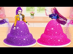 Purple & Pink Glitter Dress Cake ✨ | Rumi Vs Mira Princess Cake Challenge | Lily Little Cake