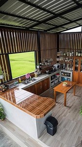 ไอเดียทำครัวปูนหลังบ้าน ผนังไม้ระแนงโปร่งๆ🪵🌿🏠 | บ้านเเละสวนไอเดีย