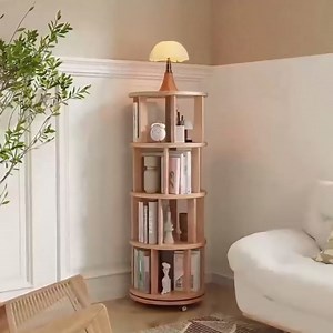 Mobile Rotating Bookshelf with Wheels - Solid Wood 360 ° Rotating Bookcase 4 Tier Revolving Bookshelf Spinning Bookcase Tower Corner Shelf for Small Space