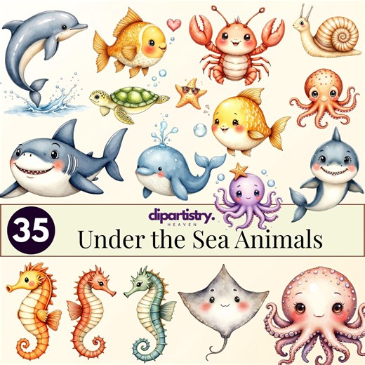 Under the Sea Animals Clipart Bundle | 35 Cute Ocean Animal Pngs | Kids Sea Life Graphics - Etsy