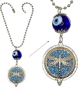 LUCKBOOSTIUM Dragonfly Evil Eye Aromatherapy Diffuser Pendant w/Scent Pad for Essential Oils- Car & Home Air Freshener, Lucky Charm for Health, Protection & Positive Energy- Artisan Made, Unique Gift