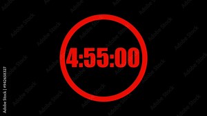 5 Minute countdown timer in a circle. Red numbers on black background. 5 minute countdown. Digital countdown. 4K motion count down timer.