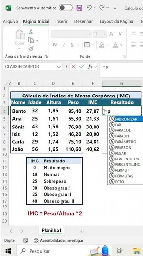 #shorts Como Calcular IMC no Excel: Descubra Seu Peso Ideal Rápido e Fácil! #excel #excelnapratica