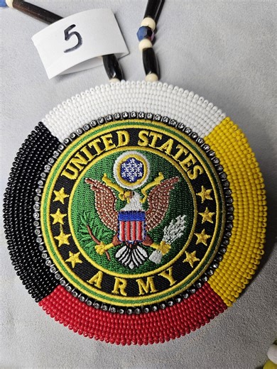 Native American Beaded Army Medallion Necklace: Buffalo Bone Medicine Wheel