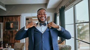 images of a joyful groom in a suit, preparing for his wedding day.