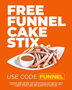 Hey Students! Free Funnel Cake Stix. Use code Funnel. Minimum order subtotal of $14.99 before tax and delivery. Valid online/mobile app only. Not valid in conjunction with any other coupon or offer. Valid with student ID or meal card. | Pizza Pizza | Facebook
