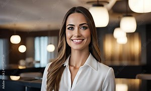 beautiful young professional receptionist looking at camera and smiling.luxury hotel on background
