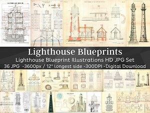 36 Vintage Lighthouse Blueprint Illustrations | Digital Architectural Plan Paper Bundle Kit | Lighthouse Drawings Ephemera| Instant Download - Etsy