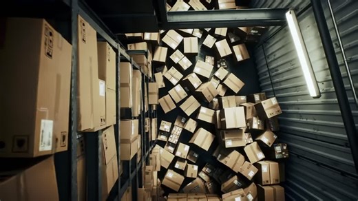 Unstable Stacks of Boxes in a Warehouse: Dramatic Display of Shipping Containers Teetering on Shelves, Highlighting Organizational Challenges in Storage Facilities | Premium Stock Video Footage
