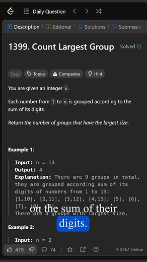 Script Sledge on Instagram: "We explore how to group numbers based on their digit sums and find the distribution of these groups. The Engineering Approach: Instead of a naive check, we optimize for digit sum groupings using a frequency-based mapping. This allows for a scalable solution while maintaining code clarity. Complexity Analysis: • Time: O(N log N) • Space: O(log N) Resources & Code: Find the full breakdown here: https://scriptsledge.github.io/algorithm-handbook/problems/1399/ #LeetCode
