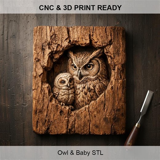 Owl 3D Relief STL File | Owl and Baby CNC Router Model | Woodland Owl Wall Art | Rustic Wood Carving STL | 3D Print File - Etsy