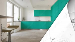 Diagonal Split Screen Of Drawing and Photo of Beautiful New Kitchen.