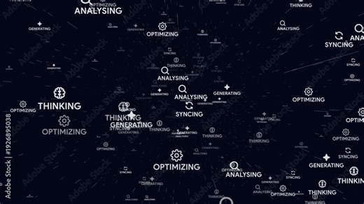 Flying through a space tunnel of artificial intelligence process words and icons. 3D animation of ai agent, machine learning, data analyzing, thinking, generating and optimizing concepts.