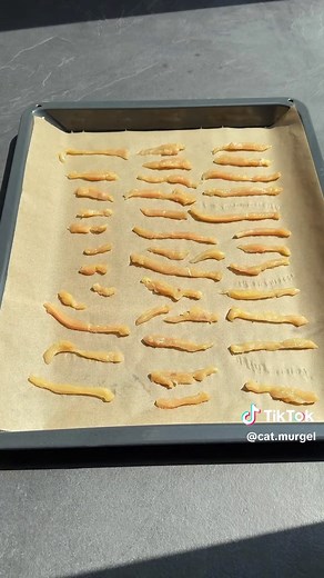 Part 3 of super easy homemade treats for your cat or dog🙀 All you need is chicken! Cut it into thin strips and bake at 130°C for 2 hours. That's it - easy, healthy, homemade treats ready to serve👩🏻‍🍳😻 Follow for more🐈‍⬛ #treats #cats #pets #diy #cat