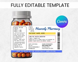 Prescription Label Template, Canva Template Editable, Pill Bottle Label, RX Label, Medicine Stickers, Bottle Labels, Party Favor Faith - Etsy