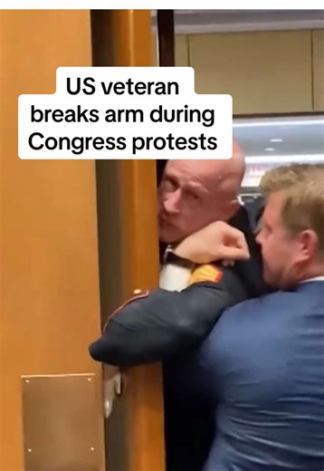 The arm of a protester was broken as security officers tried to remove him for interrupting a meeting at the U.S. Capitol March 4. #US #Veteran #Congress #Protest #iran