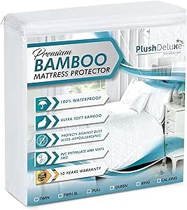 PlushDeluxe Premium Bamboo Mattress Protector – Full Size, Waterproof, & Ultra Soft Breathable Noiseless Washable Bed Mattress Cover for Comfort & Protection - White