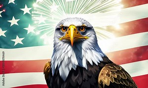 Majestic bald eagle portrait with intense gaze against American flag background symbolizing freedom and patriotism