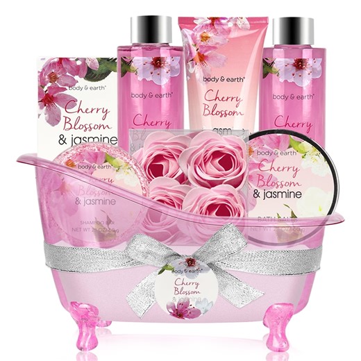 Body & Earth Bath Gift Sets for Women, 8 Pcs Cherry Blossom & Jasmine Spa Baskets, Beauty Holiday Christmas Birthday Gifts for Her