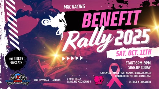 🏁 Family Means Everything 🩷 This October 11th, we ride for one of our own. Join us for a 3-hour pit bike & ATV rally supporting The Carswell family and their fight against breast cancer. 📍 MXC Round 7 – Cairo, MO ⏰ 6–9 PM | Ages 18 💸 Pledge your support today Let’s show what this race family stands for — unity, strength, and heart. 💗 👉 https://go.rallyup.com/pit-bike-challenge #RallyForChanda #MXC #RaceForACause | MXC Racing