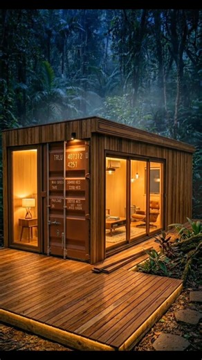 Rusty shipping container → luxury forest home 🌿✨