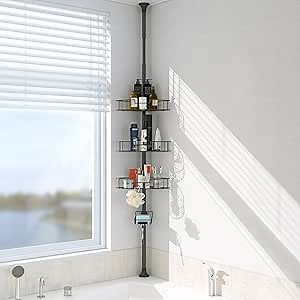 BsBsBest Shower Organizer Caddy - Stainless Steel Shower Shelves Rack, Adjustable Organization And Storage Head Holder, Rustproof Tension Pole, Black