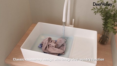 DEERVALLEY 24 in. Classic Large Rectangular Vessel Bathroom Sink in White Ceramic with Built-in Washboard Left Drain Opening DV-1V0321