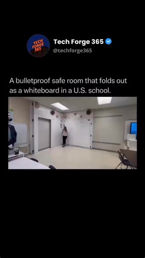 Tech Forge 365 | News & Fun Facts on Instagram: "In response to the increasing need for school security, engineers have developed a “cloaking” technology that hides a military-grade safe room in plain sight. This innovation, such as the Rapid-Deploy Safe Room System, looks like a standard wall-mounted whiteboard during the school day, but it can be expanded into a fully enclosed, bulletproof shelter in less than 10 seconds. The secret to this rapid transformation is a telescoping mechanical fram