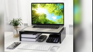 Monitor Stand Riser, Computer Monitor Stand for Desk, Computer Riser with Phone Holder, Desk Monitor Stand for office & home, Black, Wood-LORYERGO