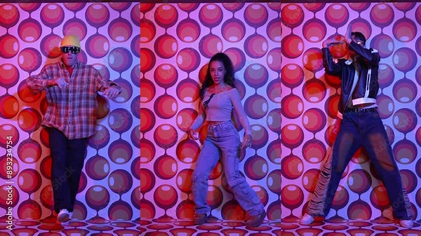 Happy multicultural dancer dancing together at party stage with balloon background while looking at camera. Smart hipster group moving to music and practicing street dancing. Full body. Regalement.